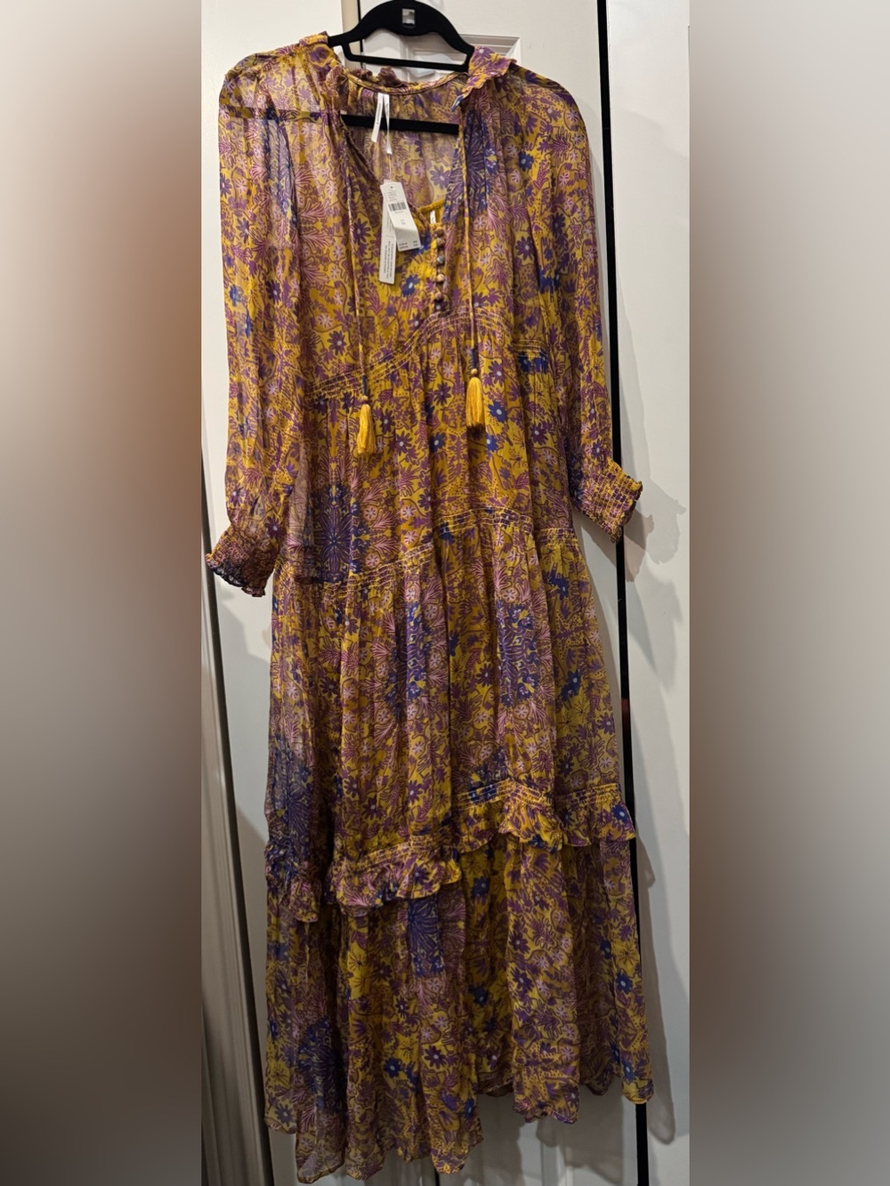 Anthropologie Yellow Floral Tiered Maxi Dress with Purple Accents